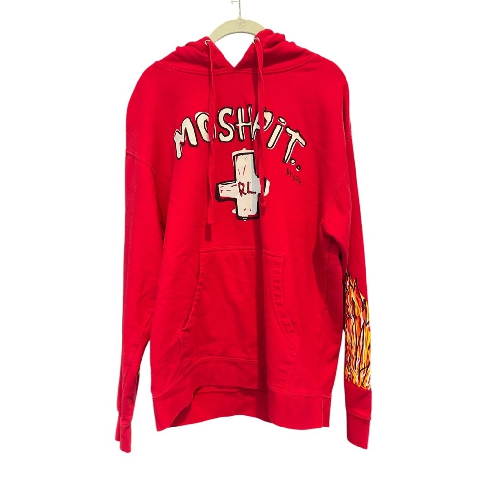 MOSHPIT‎ Rolling Loud Miami Red Graphic Hoodie with Flame Sleeve Detail